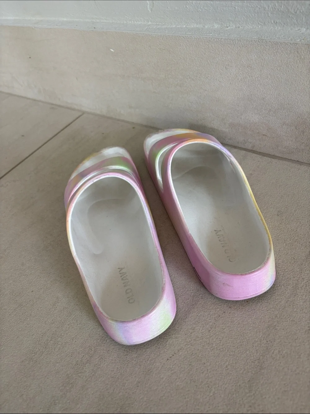 Old Navy Pastel Rainbow Double-Strap Slide Sandals - Pink/Yellow/Green
